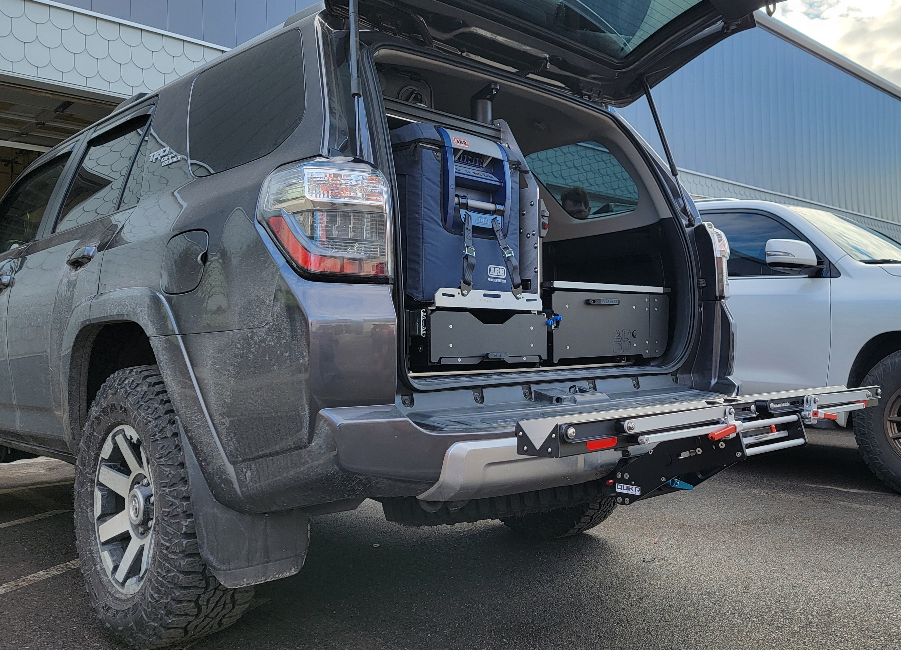 Toyota 4Runner Kitchen, Fridge Slide , work surface, storage drawers and sleeping platform . Organization for overland adventure.