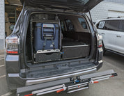 Toyota 4Runner Kitchen, Fridge Slide , work surface, storage drawers and sleeping platform . Organization for overland adventure.